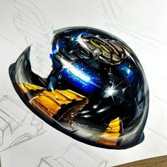 a drawing of a helmet on top of a piece of paper