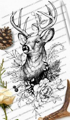 a deer with antlers and flowers on it's head, surrounded by pine cones