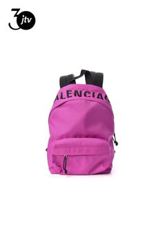 Balenciaga Nylon Wheel Logo Backpack Fuchsia. This stylish backpack is crafted of nylon in fuchsia. The bag features an embroidered black Balenciaga logo across the top, a front zipper pocket, a black canvas top handle, and adjustable padded black shoulder straps. The wrap-around silver zippers open the bag to a black nylon interior with zipper and patch pockets. This lovely backpack is spacious enough for all of your necessities, with the fashion forward appeal of Balenciaga!    Model: 565798 Nylon Bag With Embroidered Logo For Everyday Use, Everyday Nylon Bags With Embroidered Logo, Nylon Standard Backpack With Logo Patch, Nylon Backpack With Logo For Everyday Use, Everyday Nylon Backpack With Logo, Functional Nylon Backpack With Logo, School Nylon Bag With Logo, School Nylon Bags With Logo, Nylon Logo Backpack