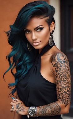 Strong Female Tattoos, Dark Teal Hair, Side Shave, Tattoo Designs Hand, African American Beauty, Vivid Hair, Cool Motorcycle Helmets, Cyberpunk Steampunk, Henna Tattoo Designs Hand