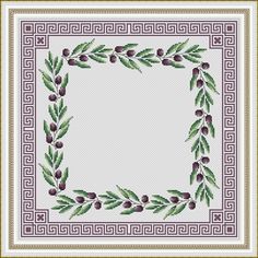 a cross stitch pattern with olives and leaves