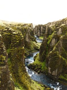 a river flowing through a lush green canyon next to tall rocky cliffs covered in moss