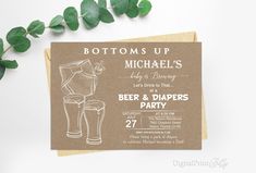 Diaper Party Ideas For Men, Diaper Party Ideas, Beer And Diaper Party, Bottoms Up, Diaper Party Invitations, Diaper Party, Man Shower, Beer Party, Party Invite