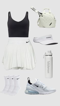 the tennis outfit is all white and has black top, skirt, hat, water bottle, shoes, handbag