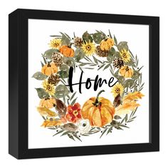 a black framed wall art with the words home surrounded by fall leaves and pumpkins