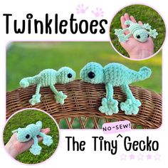 the tiny geckos are crocheted in blue yarn and have black eyes