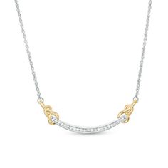 Sparkling and romantic, this diamond love knot bar necklace shows her your affectionate side. Crafted in sterling silver and 10K gold, this shimmering curved bar in silver is lined with diamonds. At each end, a bold infinity love knot in warm gold creates interest and dimension. Vibrant with 1/6 ct. t.w. of diamonds and a bright polished shine, this bar suspends centered along a 16.43-inch rope chain that secures with a spring-ring clasp. Curved Bar Necklace, Curved Bar, Yellow Necklace, Infinity Love, Peoples Jewellers, Love Knot, Rope Chain, Diamond Stone, Bar Necklace