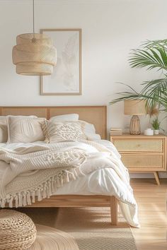 a bedroom with white walls and wooden furniture, including a large bed covered in blankets