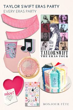 an advertisement for taylor swift's party with items from the band, including cake and cupcakes