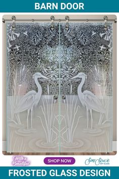 two glass doors with swans on them and the words frosted glass design in front