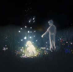 a person standing in the middle of a field at night with butterflies flying around them