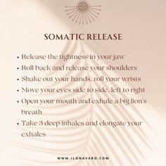 Somatic release is not just a physical practice; it's an opportunity to reconnect with your breath, your body, and the present moment. ⁠ ⁠ It's a mindful journey that transcends the physical, offering a holistic release of both the tangible and intangible burdens you carry. ⁠ ⁠ So, take a moment for yourself, indulge in the simplicity of these movements, and feel the liberating effects of somatic release wash over you, leaving you rejuvenated and grounded. ⁠ ⁠ Somatic Dance, Things To Release, Somatic Experience, Somatic Yoga, Somatic Movement, Somatic Healing, Somatic Therapy, Energy Healing Spirituality