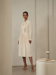 Cream A-line Midi Dress For Work, Chic A-line Midi Dress With Pleated Skirt, Elegant A-line Pleated Skirt For Daywear, Elegant Knee-length Pleated Dress For Evening, Spring A-line Midi Dress With Bow, Elegant Formal A-line Pleated Skirt, Spring Mid-length Dress With Pleated Hem, Classic Pleated Evening Dress, Elegant Knee-length Pleated Dress