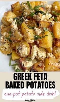 greek feta baked potatoes on a white plate with text overlay that reads, greek feta baked potatoes one pot potato side dish