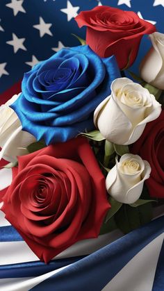 red, white and blue roses in front of an american flag