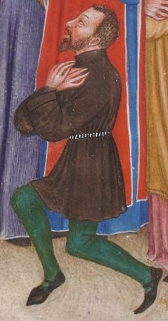 an old painting of a man kneeling down in front of two other men with their arms crossed