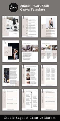 the book workbook canvas template is displayed on a gray background with black and white photos