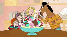 a cartoon horse eating ice cream from a bowl with people around it in the background