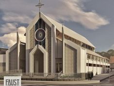 an artist's rendering of the exterior of a church