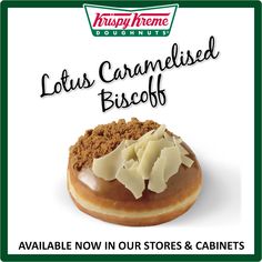 a bagel covered in lots of white icing and toppings with the words, lotus caramelised biscoff available now in our stores & cabinets