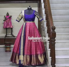 Pattu Dresses Designs For Women, Kalamkari Dresses, Ikkat Dresses, Half Saree Lehenga, Indian Outfits Lehenga, Lehnga Dress, Frock Dress, Frock For Women, Half Saree Designs