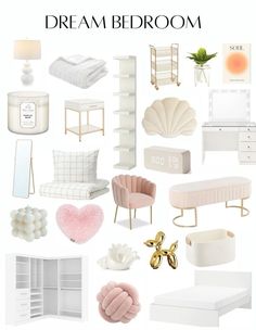 a collage of white and pink bedroom furniture with text overlay that reads, dream bedroom