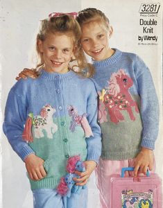 This is a SCANNED copy of the original knitting pattern, for you to print off. This is NOT the original paper knitting pattern! 🤗 This knitting pattern is by Wendy D.K, a U.K. exclusive (I believe) and from the 1980s. It has 2 sets of instructions; one for a child's cardigan and another for a child's sweater. Absolutely adorable! Instructions are based on the sizes 61-76cm (24-30ins).  Ponies in the patterns are Love Melody, Strawberry Fair, and Up, Up and Away!  You can actually put tails and 80s Fits, Mlp Vintage, Girl Pony, Intarsia Patterns, Animal Sweater, Vintage My Little Pony, Girls Jumpers, Pattern Knitting, Printable Vintage