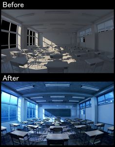 before and after photoshopped images of an empty classroom