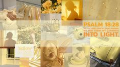 a collage of photos with yellow and white colors, including an angel in the background