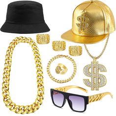 PRICES MAY VARY. 80S 90S OUTFIT FOR MEN: Our hip hop rapper costume includes dollar sign hat, rapper gold chain, hip hop rings, rapper bracelet, and hip hop sunglasses. Hip hop accessories cater to people who like or want to experience rap and hip hop culture. The hip hop costume accessories will make you stand out in the 80s and 90s themed party. 90s accessories set adds hip hop elements to your outfit, making you the focus of attention HIP HOP COSTUME: The hiphop costume is cast from quality m Duo Halloween Costumes Gangsters, Rapper Costume Ideas, Rapper Bracelet, Rapper Halloween Costume, Hiphop Costume, Gangster Halloween Costumes, Hip Hop Outfit, Rapper Costume, Mom Costume