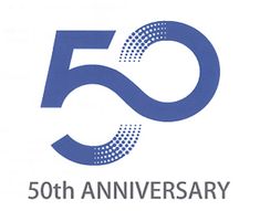 the 50th anniversary logo is shown on a white background with blue and black letters that read 50th anniversary