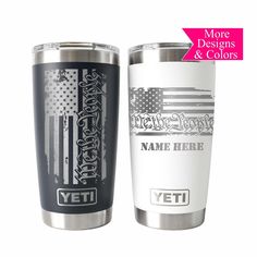 the yeti tumbler cup has an american flag on it and is next to another one