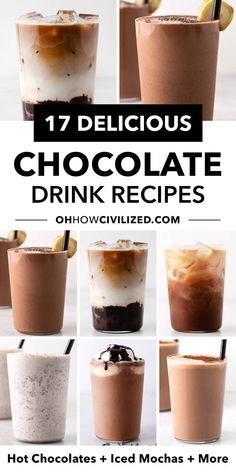 chocolate drink recipe with text overlay that reads 17 delicious chocolate drink recipes for hot chocolates and iced mochas + more