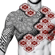 an image of a man's chest with red flowers on it and white background