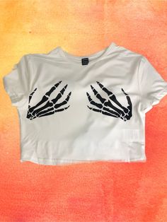 Black skeleton hands on soft crop tee. Casual Halloween Graphic Print Crop Top, Skeleton Hand Shirt, Bestie Fits, Black Skeleton, Hand Painted Clothing, Baby Bangles, Crop T Shirt, Skeleton Hands, Waiting For Her