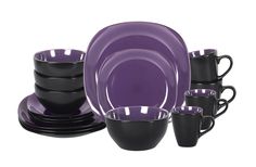 PRICES MAY VARY. Square Shape with Two Tone Glaze: Square Shape with Inside Purple Shiny Colorful glaze and Matte Black Outside, make your table colorful, modern, natural and attractive Service for 4: 16pc Square Dinnerware Set including 4 of Each: Dinner Plate Square 10.6" x 10.6", Salad Plate Square 7.8" x 7.8", Soup Bowl Square 6" x 6"", Mug Square 13oz More Durable: High Quality Durable Stoneware Material, Dishwasher Safe, Microwave Safe and Oven to Table Natural Top Glaze: Top Glaze is Natu Purple And Black Home Decor, Purple Kitchen Decor, Beautiful Kitchenware, Japanese Dinnerware, Black Dinnerware, Purple Home Decor, Square Dinnerware Set, Purple Kitchen, Apartment Stuff