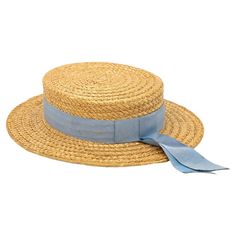 The Ridgemont Make's vintage 1930s boater hat showcases timeless elegance with its natural straw construction. Adorned with a pale blue ribbon and bow, this hat epitomizes classic style. The sturdy yet lightweight straw provides comfort and durability, while the charming ribbon adds a touch of sophistication. This boater hat captures the essence of vintage summer fashion, making it a coveted accessory for collectors and design enthusiasts alike. Seven are available for a display collection. Some Boater Hats For Women, Straw Hat Aesthetic, Blue Ribbon Bow, Vintage Summer Fashion, Vintage Straw Hat, Hat Aesthetic, Cattle Ranch, Boater Hat, Brown Hats