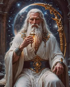 an old man with long white hair and beard sitting in front of a crystal ball