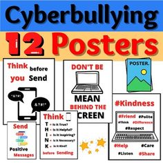 a poster with the words cyberbullying 12 posters on it and pictures of laptops