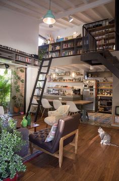 a living room filled with lots of furniture and bookshelves