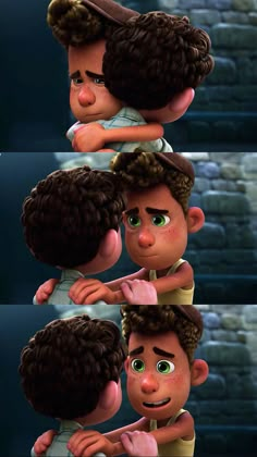 the animated character is being hugged by his friend