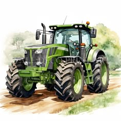 a drawing of a tractor on a dirt road with trees and grass in the background