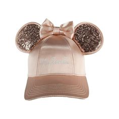 Disney Women's Minnie Mouse Baseball Cap with 3D Bling Ears by Jerry Leigh. This baseball cap is definitely one of a kind! It's sleek satin design and rose gold color gives this hat a chic feel and the sequins make this hat pop. There is an adjustable closure to provide you with the perfect fit and an interior sweatband for comfort. The cute Minnie embroidery with hearts gives this hat the ultimate feminine feel. This hat makes a great gift! Walmart marketplace seller Belt Outlet specializes in Minnie Embroidery, Disney World Outfit Ideas, Chic Hat, Rose Gold Satin, Disney Hats, Minnie Mouse Ears Headband, Mouse Ears Headband, Minnie Mouse Ears, Disney Ears