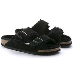 Arizona Suede Leather Fuzzy Birkenstocks, Black Birkenstocks, Fluffy Sandals, Black Birkenstock, Birkenstock Men, Birkenstock Black, Two Strap Sandals, Sheepskin Boots, Birkenstock Sandals