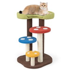 a cat laying on top of a scratching post with three different colored mushrooms around it