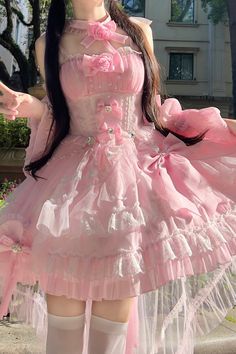 Fabric: Polyester Color:  Pink, Red Feature: Multi-Layered, Ruffle, Bowknot Style: Sweet Clothing Type: Dress Include: Dress*1 + Collar*1 + Trailing*1 Size (IN) Bust Waist Length S 32.28-40.16 24.41-30.71 29.92 M 33.86-41.73 25.98-32.28 30.71 L 35.43-43.31 27.56-33.86 31.50 XL 37.01-44.88 29.13-35.43 32.28 2XL 38.58-46.46 30.71-37.01 33.07 Size (CM) Bust Waist Length S 82-102 62-78 76 M 86-106 66-82 78 L 90-110 70-86 80 XL 94-114 74-90 82 2XL 98-118 78-94 84 Black Ripped Boyfriend Jeans, Galaxy Flowers, Y2k Fall Outfits, Flower Language, Punk Dress, Sweet Clothes, Tube Top Dress, Vintage Preppy, Sweet Lolita