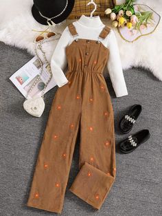 Tween Girl Embroidered Corduroy Overalls Casual Jumpsuit, Spring Autumn Coffee Brown   Sleeveless Corduroy Floral,Plants Overall Non-Stretch  Tween Girls Clothing, size features are:Bust: ,Length: ,Sleeve Length: Cheap High-waist Spring Overalls, Cottagecore Outfits Overalls, Cottagecore Overalls, Cute Cottagecore Overalls, Brown Coudroy Overalls, Jumpsuit Spring, Overalls Casual, Embroidered Corduroy, Cute Overalls