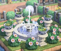 an artistic rendering of a fountain surrounded by potted plants and flowers in the foreground