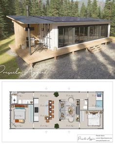 the floor plan for a small cabin with an attached kitchen and living room, is shown