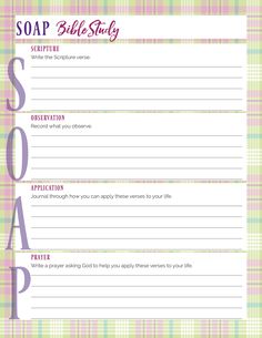 the soap bible study sheet is shown in pink, green and white plaid paper with purple lettering